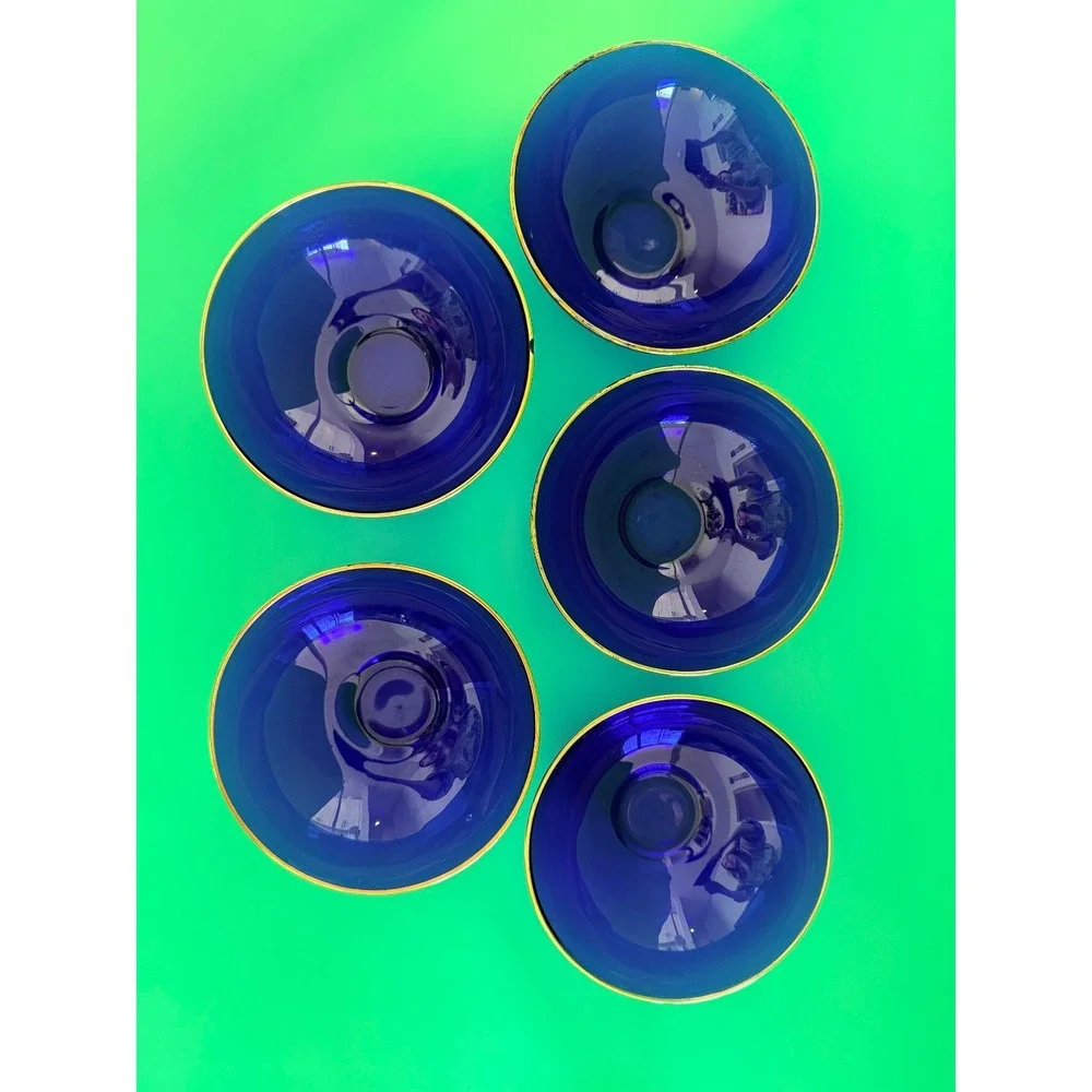Cobalt Blue Glass Bowls Set Italy Gold Rim 6 Pc Large + 5 Small Vintage